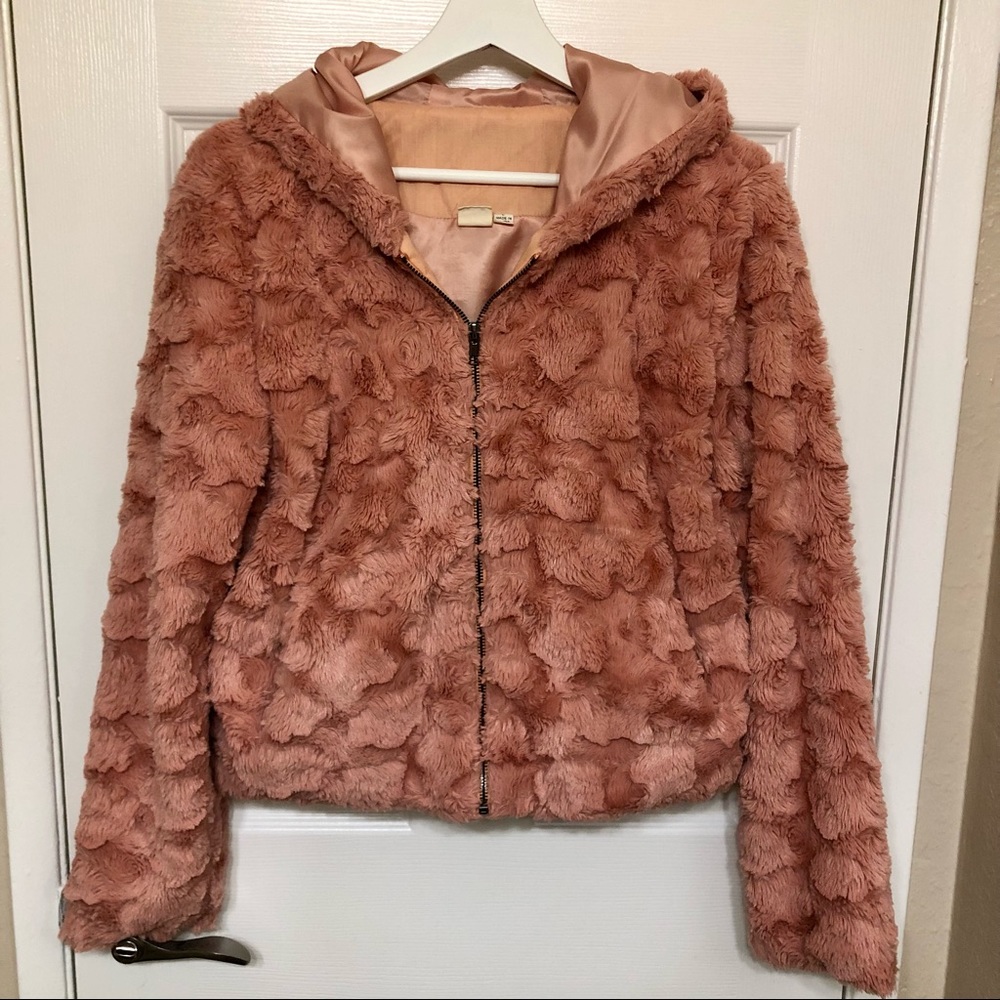 Pink, faux fur, hooded, zip up jacket.